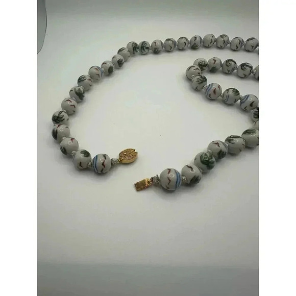 Vintage | Rare | Chinese porcelain hand painted necklace | palm trees & birds - Picture 7 of 15